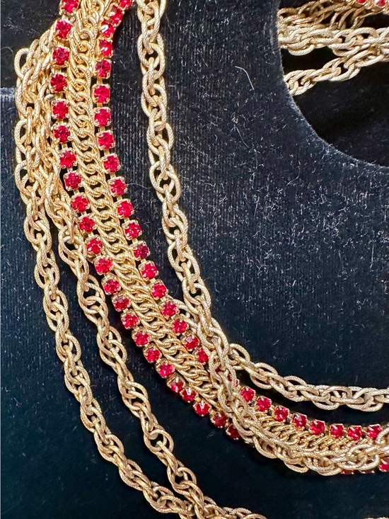 Vintage Jewelry - Vintage Gold-Tone Layered Chocker Necklace with Bright Red Stones